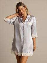 [Lavanda] SilkSilky-ES Seda Pura Cuello Camisero Camisas de dormir 003