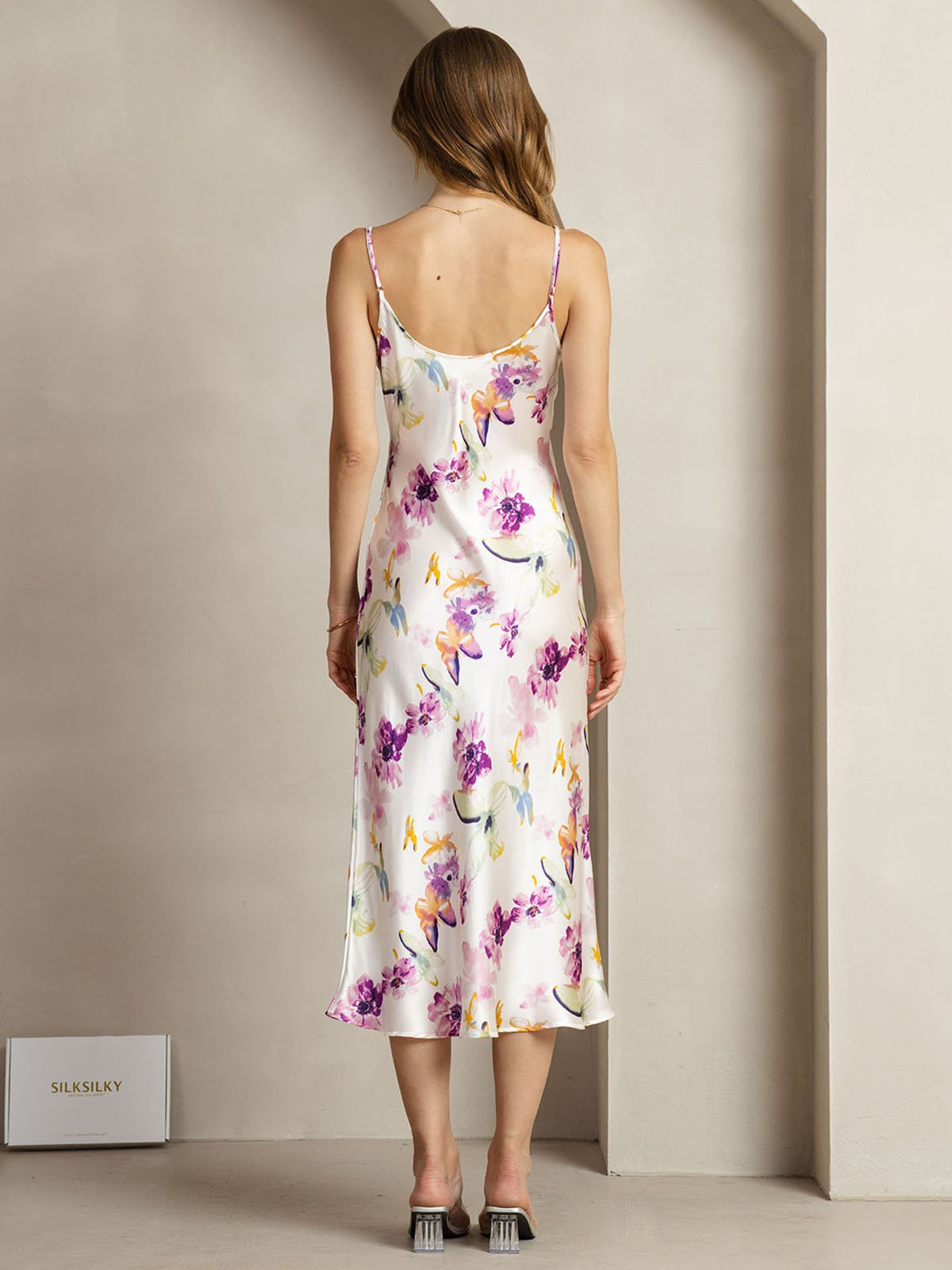 [FloresAcuarela] SilkSilky-ES 19Momme Seda Cuello en V Vestido 002