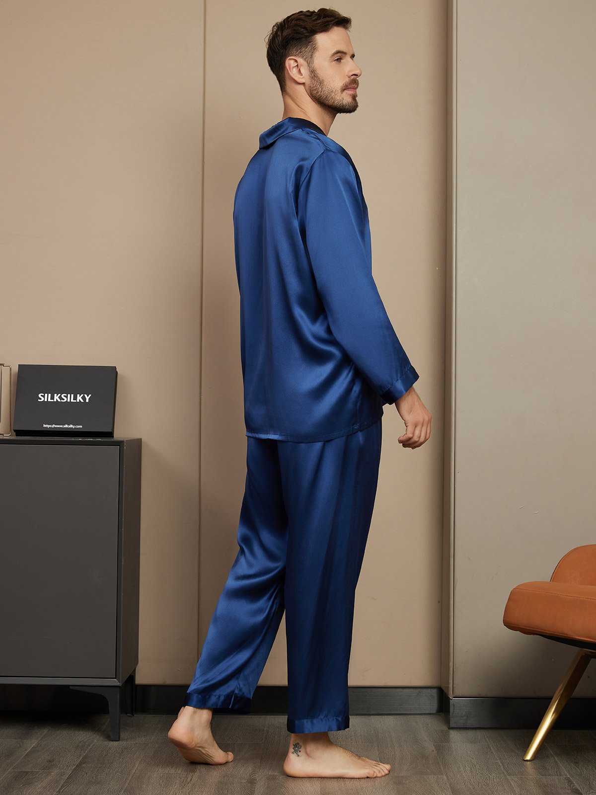[Azul Oscuro] SilkSilky-ES Seda Pura Mens Pajamas 002