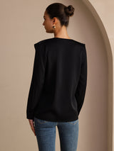 [Negro] SilkSilky-ES Long Sleeve Deep V Neck Blusas 002