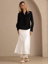 [Negro] SilkSilky-ES Long Sleeve Tie Neck Blusas 006