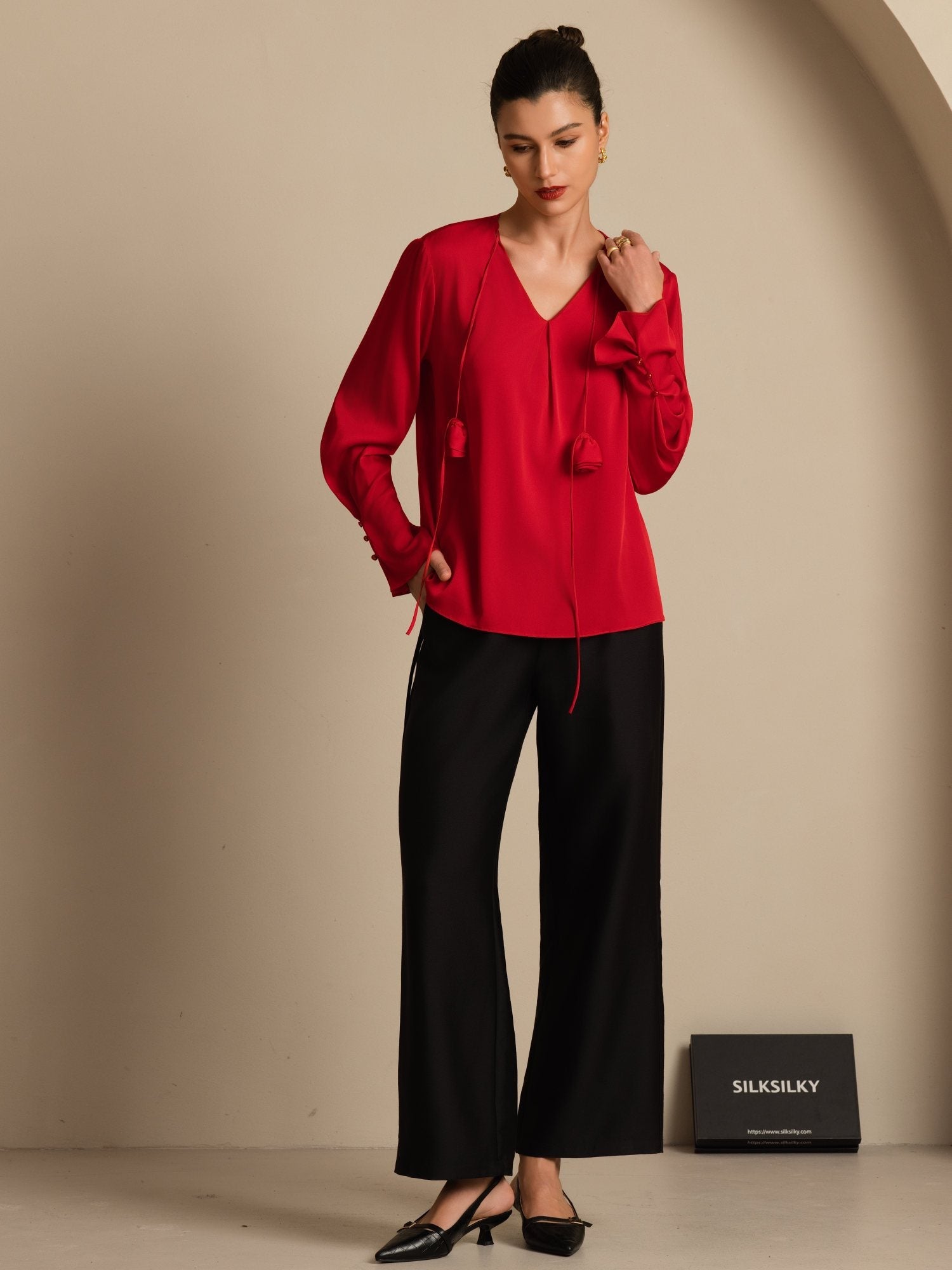 [Vino] SilkSilky-ES 19Momme Seda Manga larga Cuello en V Blusa 008