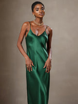 [Verde] SilkSilky-ES Spaghetti Strap V Neck Vestido 003