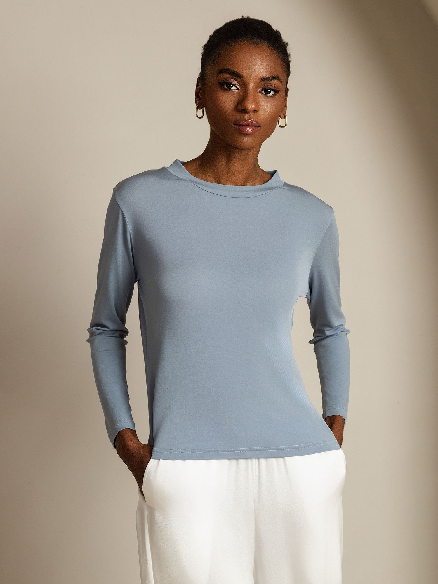 [AzulGrisáceo] SilkSilky-ES Seda Pura Womens T-Shirt 006