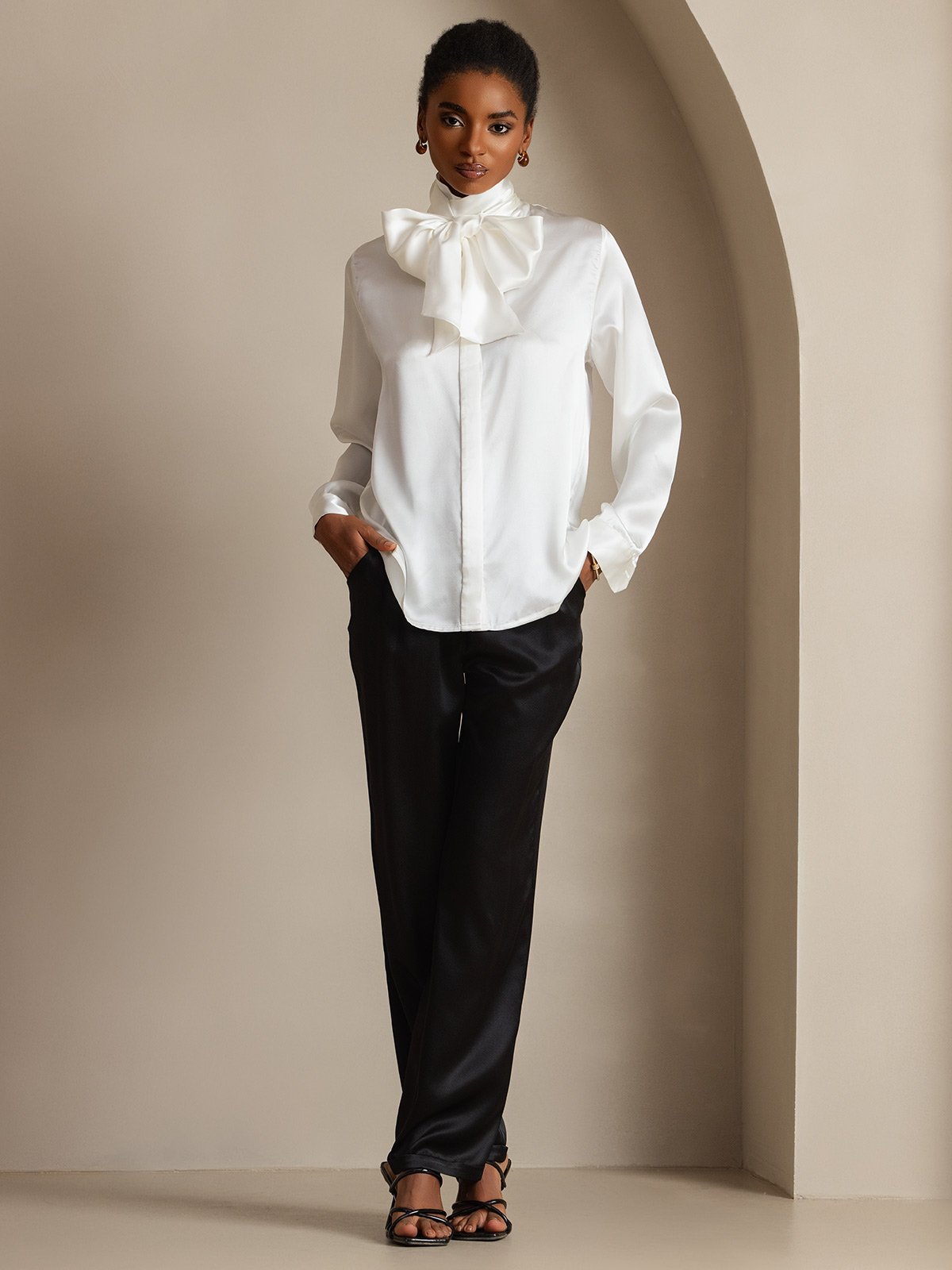 [Blanco] SilkSilky-ES 19Momme Seda Manga larga Corbata Blusas de Mujer 007