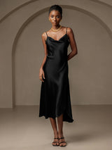 [Negro] SilkSilky-ES Spalline Sottili Cuello Drapeado Vestido 001