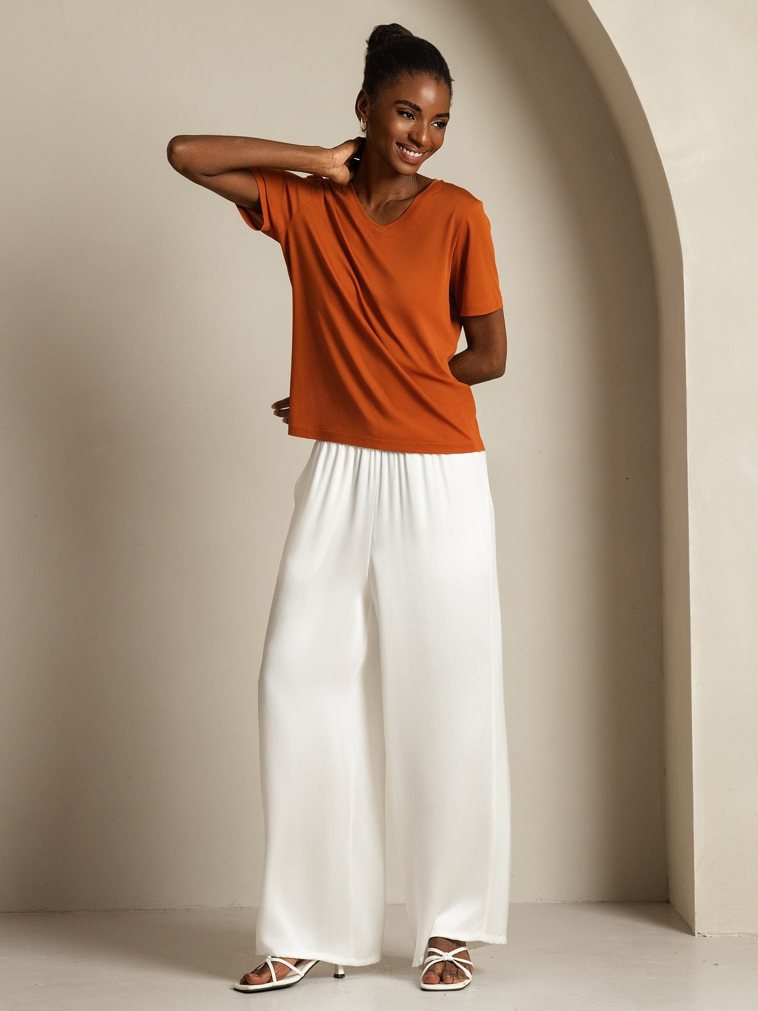 [Naranja] SilkSilky-ES Seda Pura Cuello en V Camisetas de Mujer 009