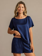 [Azul Oscuro] SilkSilky-ES 19Momme Manga corta Cuello Redondo Pijamas de mujer 005