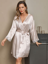 [Beige] SilkSilky-ES 3/4 Sleeve V Neck Conjunto de camisón y bata 004