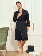 [Negro] SilkSilky-ES 19Momme Seda Pura Manga larga Mens Robe 001