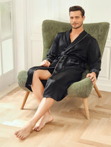 [Negro] SilkSilky-ES 19Momme Seda Pura Manga larga Mens Robe 006