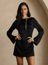 [Negro] SilkSilky-ES Long Sleeve Boat Neck Vestido 001