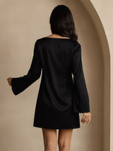 [Negro] SilkSilky-ES Long Sleeve Boat Neck Vestido 002