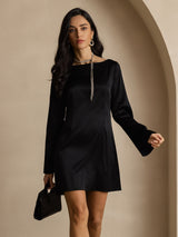 [Negro] SilkSilky-ES Long Sleeve Boat Neck Vestido 003