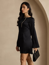 [Negro] SilkSilky-ES Long Sleeve Boat Neck Vestido 004