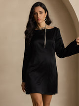 [Negro] SilkSilky-ES Long Sleeve Boat Neck Vestido 005