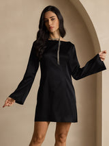 [Negro] SilkSilky-ES Long Sleeve Boat Neck Vestido 006