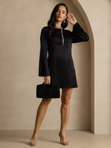 [Negro] SilkSilky-ES Long Sleeve Boat Neck Vestido 007