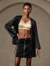 [Negro] SilkSilky-ES 19Momme Manga larga Chaqueta de mujer 001