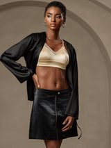 [Negro] SilkSilky-ES 19Momme Manga larga Chaqueta de mujer 003