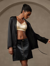 [Negro] SilkSilky-ES 19Momme Manga larga Chaqueta de mujer 004