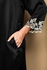 [Negro] SilkSilky-ES 3/4 Sleeve V Neck Conjunto de camisón y bata 009