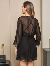 [Negro] SilkSilky-ES 3/4 Sleeve V Neck Conjunto de camisón y bata 003