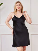 [Negro] SilkSilky-ES Spalline Sottili Cuello en V Vestido talla grande 001