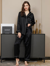 [Negro] SilkSilky-ES Long Sleeve Lapel Collar Pijamas de mujer 001