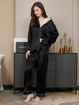 [Negro] SilkSilky-ES Long Sleeve Lapel Collar Pijamas de mujer 004