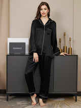 [Negro] SilkSilky-ES Long Sleeve Lapel Collar Pijamas de mujer 005