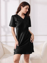 [Negro] SilkSilky-ES Short Sleeve V Neck Camisón 003