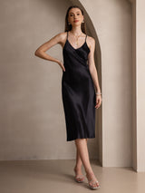 [Negro] SilkSilky-ES Spaghetti Strap V Neck Vestido 001