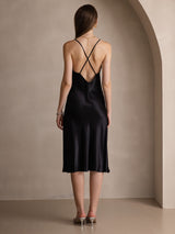 [Negro] SilkSilky-ES Spaghetti Strap V Neck Vestido 002