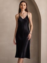[Negro] SilkSilky-ES Spaghetti Strap V Neck Vestido 003