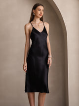 [Negro] SilkSilky-ES Spaghetti Strap V Neck Vestido 004