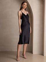 [Negro] SilkSilky-ES Spaghetti Strap V Neck Vestido 005