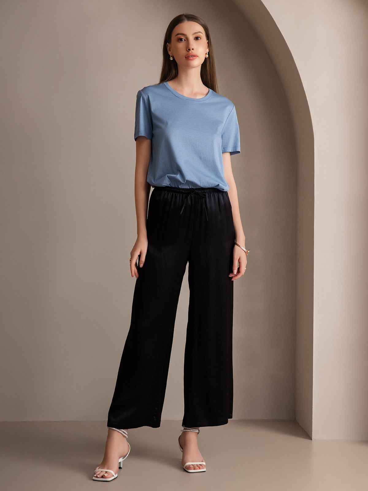 [Negro] SilkSilky-ES Seda Pura Womens Pants 004