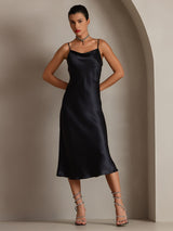 [Negro] SilkSilky-ES Spaghetti Strap Cowl Neck Vestido 001