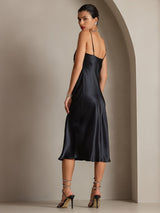 [Negro] SilkSilky-ES Spaghetti Strap Cowl Neck Vestido 002
