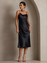 [Negro] SilkSilky-ES Spaghetti Strap Cowl Neck Vestido 003