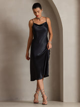[Negro] SilkSilky-ES Spaghetti Strap Cowl Neck Vestido 004