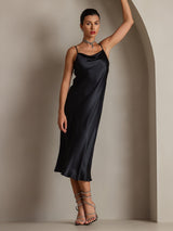 [Negro] SilkSilky-ES Spaghetti Strap Cowl Neck Vestido 005