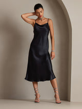 [Negro] SilkSilky-ES Spaghetti Strap Cowl Neck Vestido 006