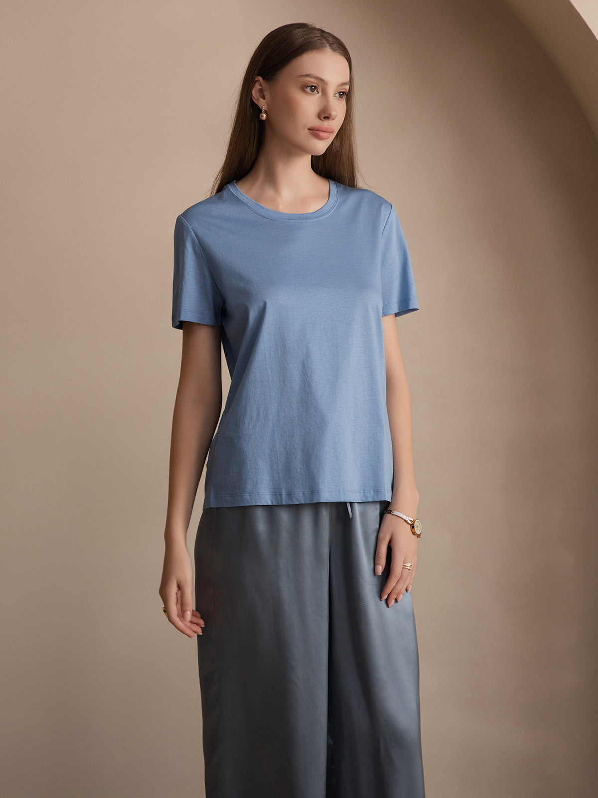 [Azul] SilkSilky-ES Manga corta Cuello Redondo Camisetas de Mujer 001