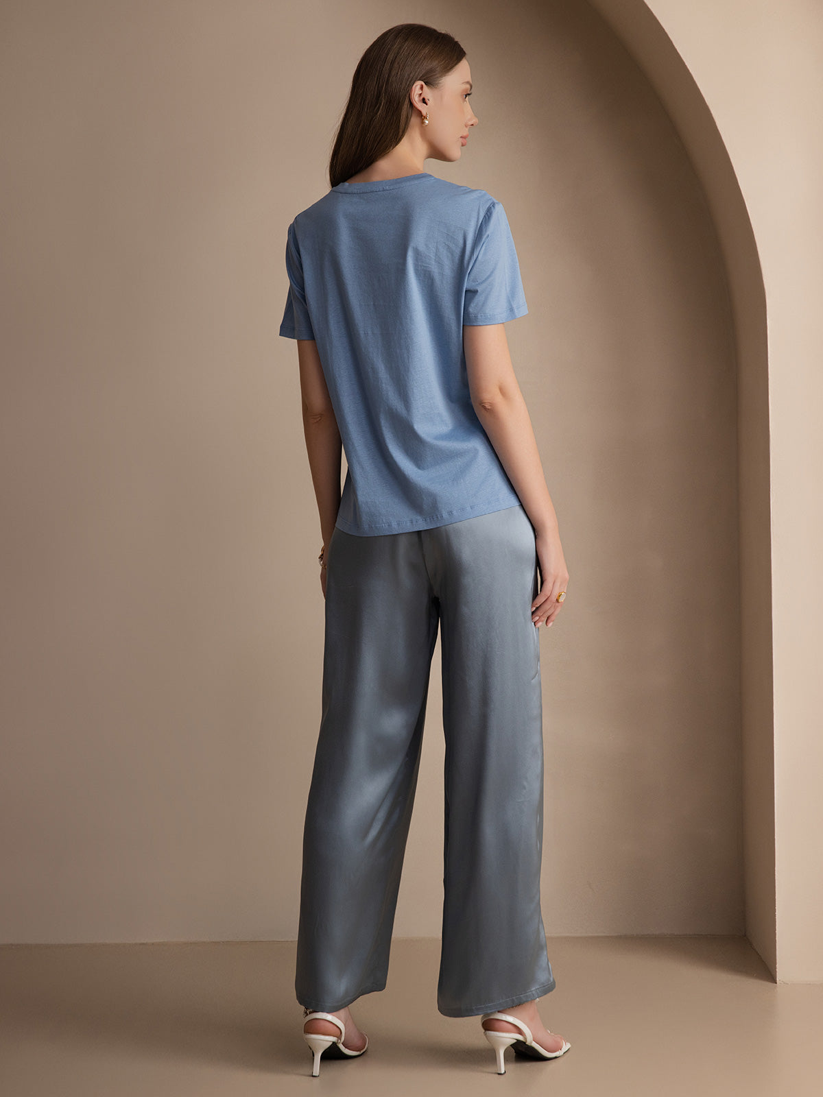 [Azul] SilkSilky-ES Manga corta Cuello Redondo Camisetas de Mujer 002