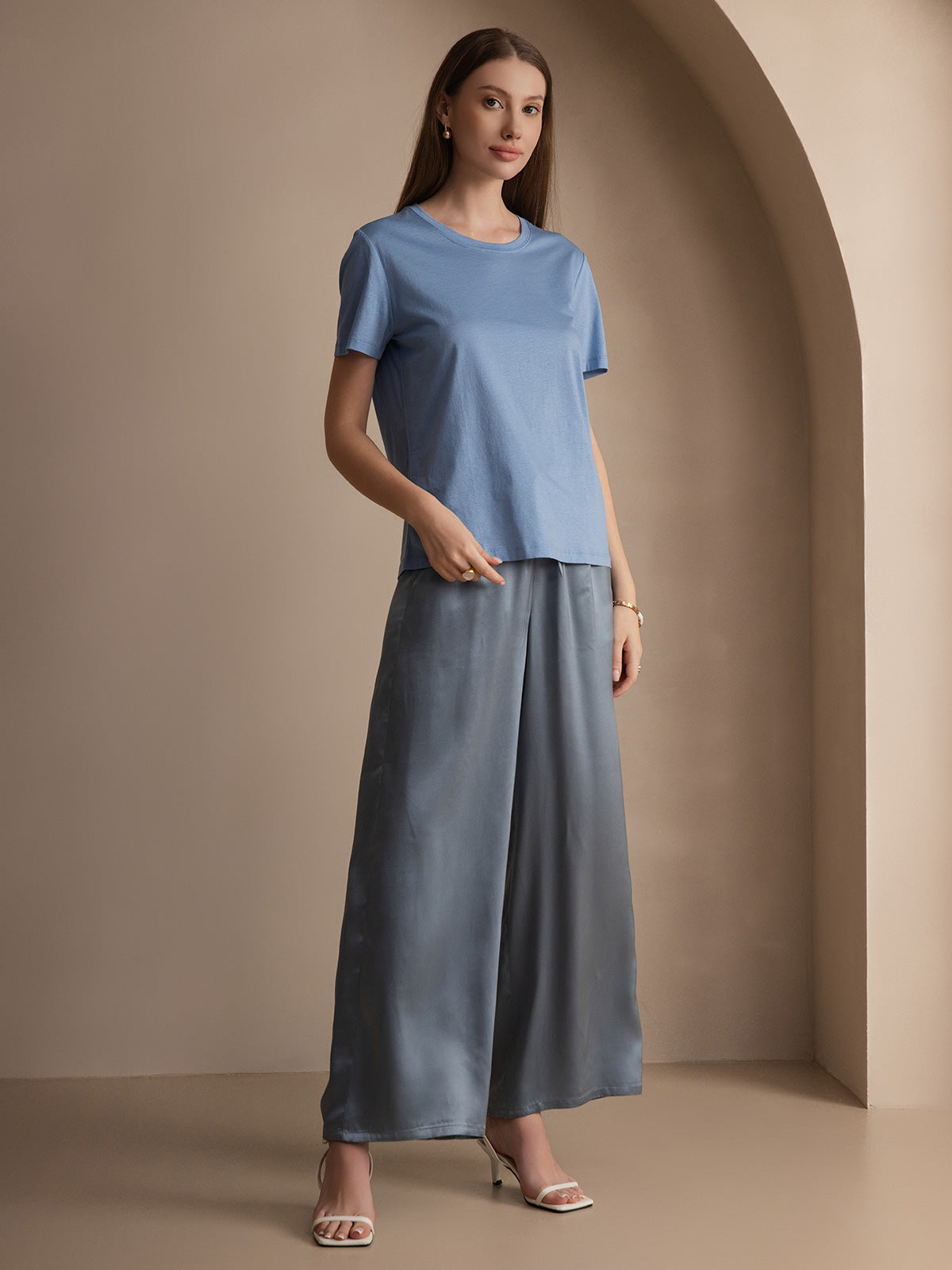 [Azul] SilkSilky-ES Manga corta Cuello Redondo Camisetas de Mujer 003