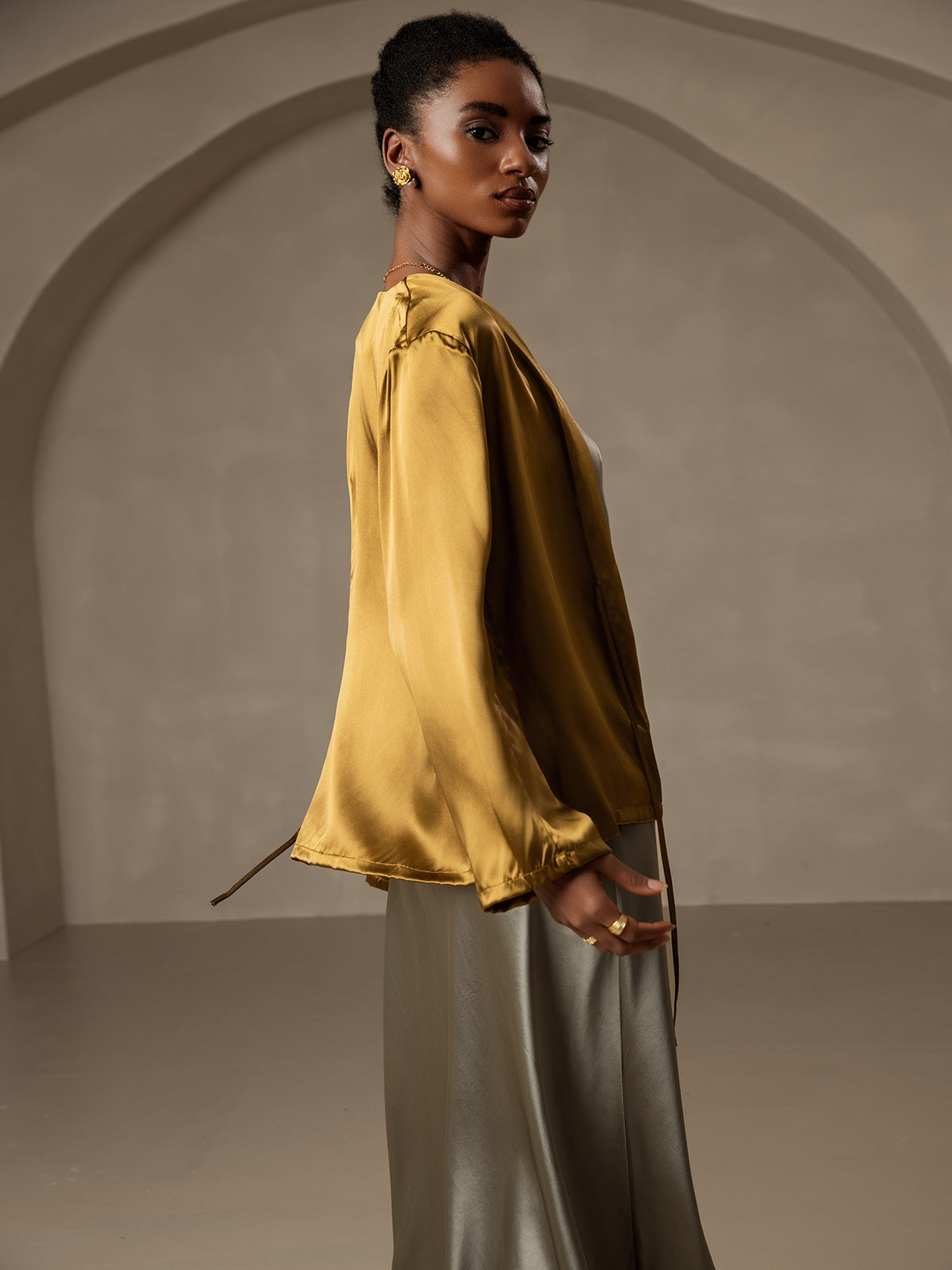 [Marrón] SilkSilky-ES 19Momme Seda Manga larga Womens Outerwear 004