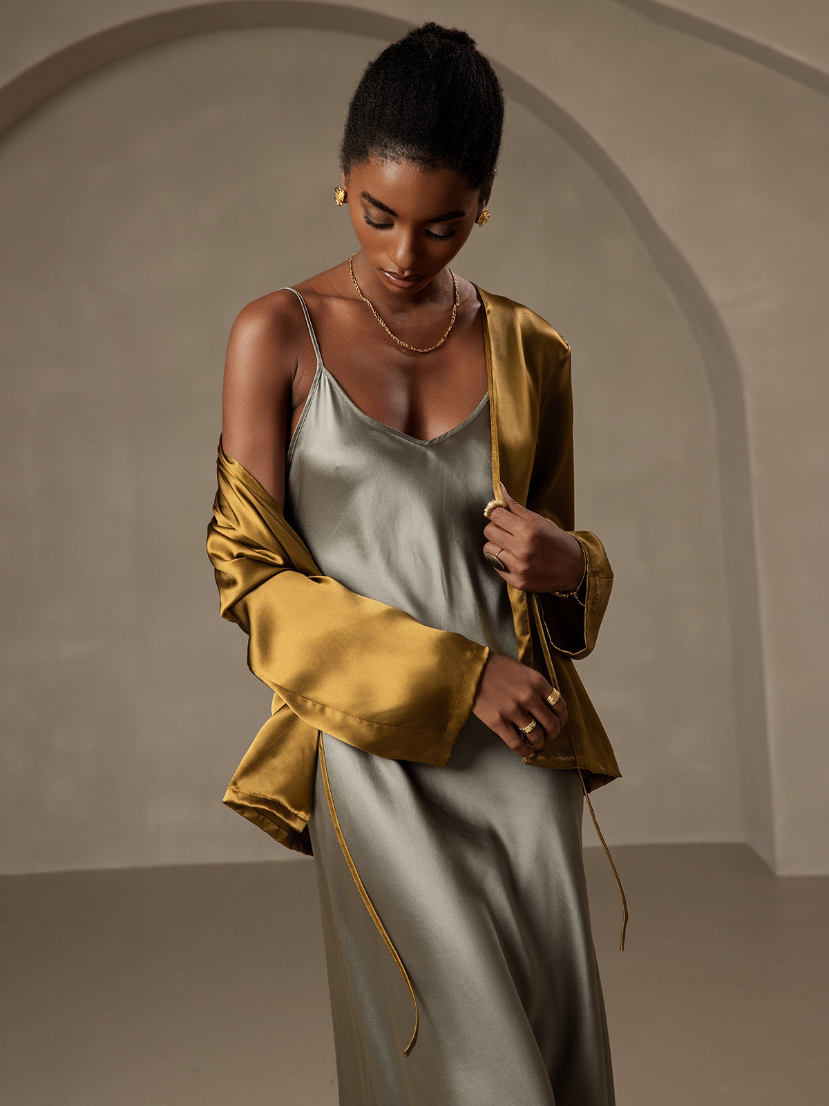 [Marrón] SilkSilky-ES 19Momme Seda Manga larga Womens Outerwear 005