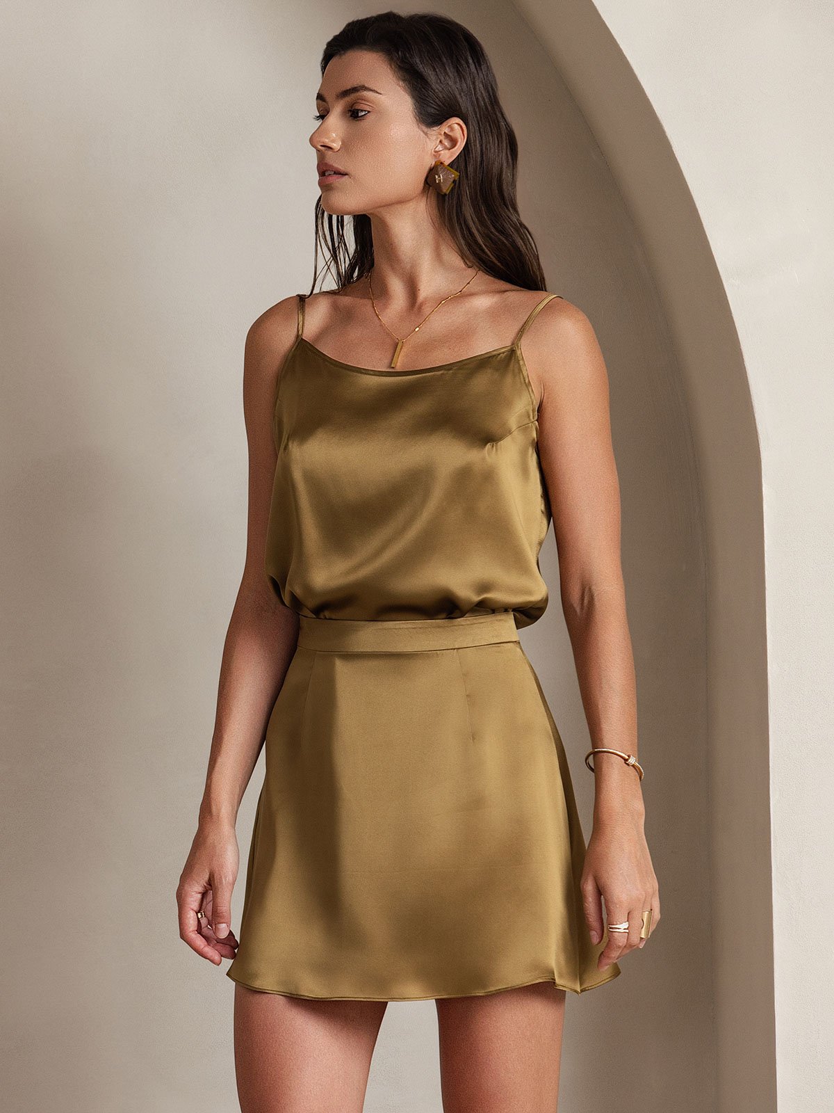 [Marrón] SilkSilky-ES 19Momme Seda Skirt 003